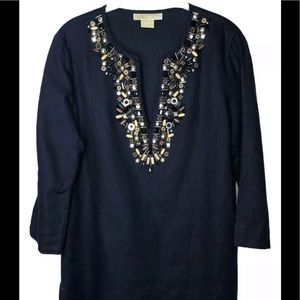 MICHAEL MK LINEN Coverup Tunic beaded INK NAVY US 14 EUC